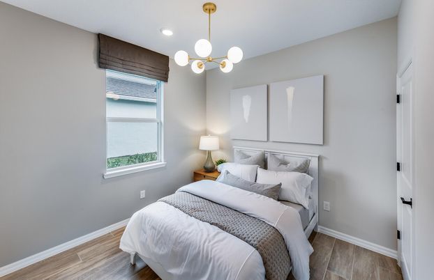 Bedroom, Interior, Pendant Lights, Recessed Lighting, Wood Texture Flooring