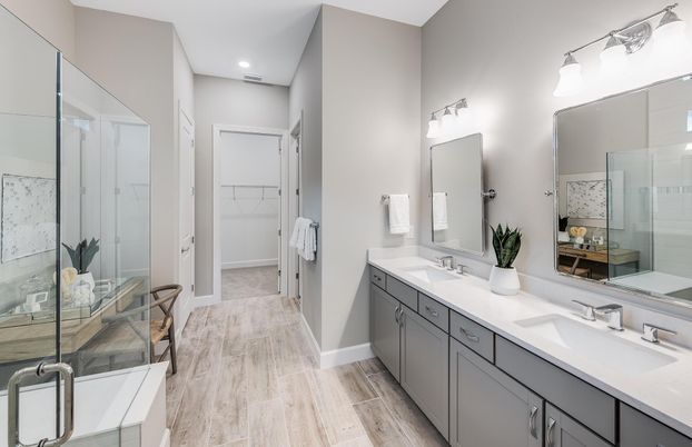 Bathroom, Dual Sink Vanities, Glass Shower, Interior, Recessed Lighting, Wood Texture Flooring