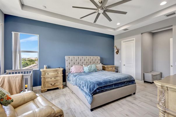 Bedroom, Interior, Recessed Lighting, Wood Texture Flooring