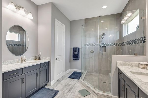 Bathroom, Dual Sink Vanities, Glass Shower, Interior, Recessed Lighting, Wood Texture Flooring