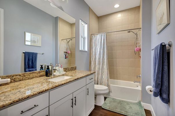 Bathroom, Dual Sink Vanities, Interior, Recessed Lighting, Wood Texture Flooring