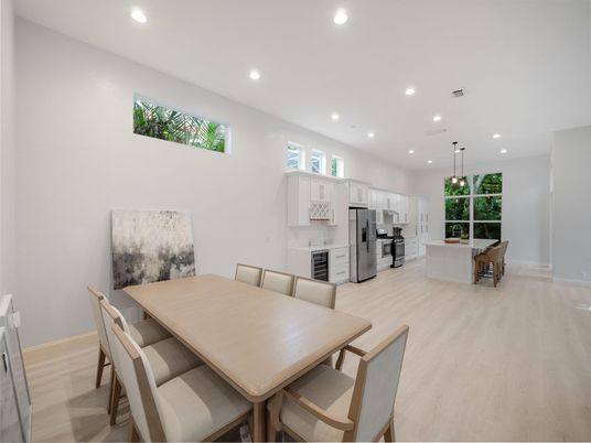 Dining room, Interior, Kitchen, Pendant Lights, Recessed Lighting, Stainless Steel Appliances, Wood Texture Flooring