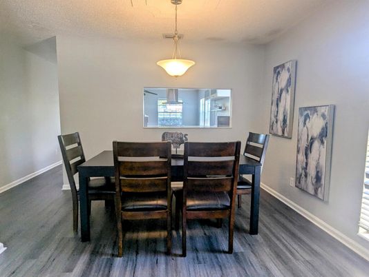 Dining room, Interior, Pendant Lights, Wood Texture Flooring