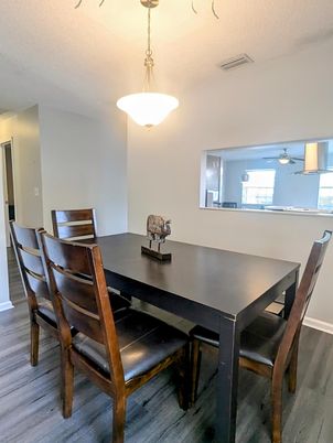 Dining room, Interior, Pendant Lights, Wood Texture Flooring