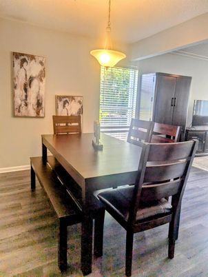 Dining room, Interior, Pendant Lights, Wood Texture Flooring