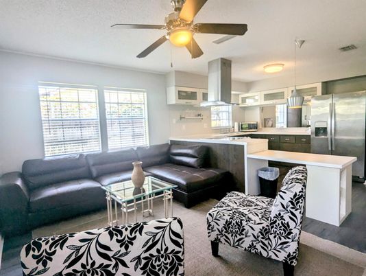 Interior, Kitchen, Living room, Pendant Lights, Stainless Steel Appliances, Wood Texture Flooring