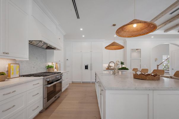 Interior, Kitchen, Pendant Lights, Recessed Lighting, Stainless Steel Appliances, Wooden Beams, Wood Texture Flooring