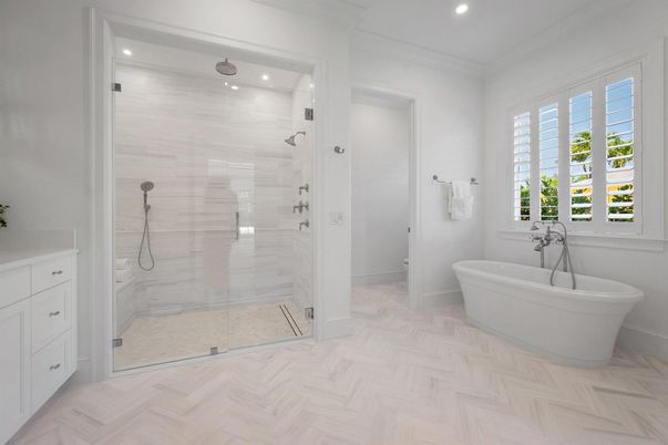 Bathroom, Free Standing Baths, Glass Shower, Interior, Recessed Lighting, Wood Texture Flooring