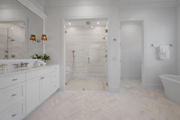 Bathroom, Dual Sink Vanities, Glass Shower, Interior, Recessed Lighting, Wood Texture Flooring