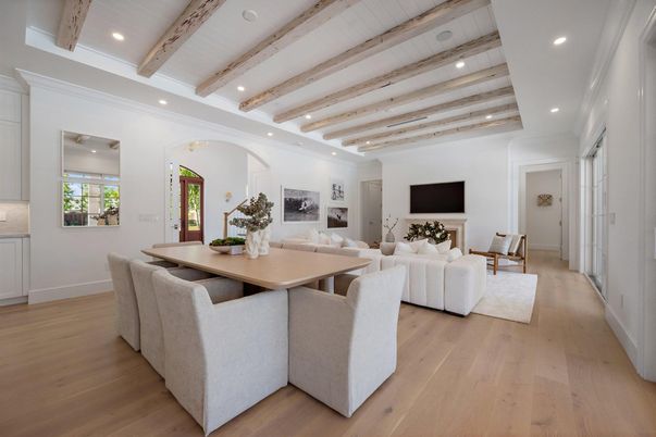 Dining room, Interior, Living room, Recessed Lighting, Wooden Beams, Wood Texture Flooring