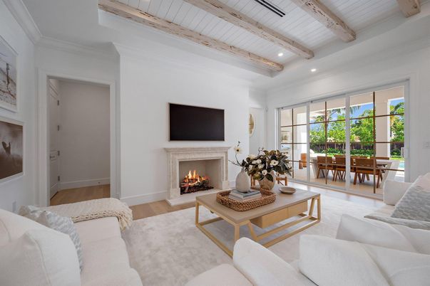 Dining room, Fireplace, Interior, Living room, Recessed Lighting, Wooden Beams, Wood Texture Flooring