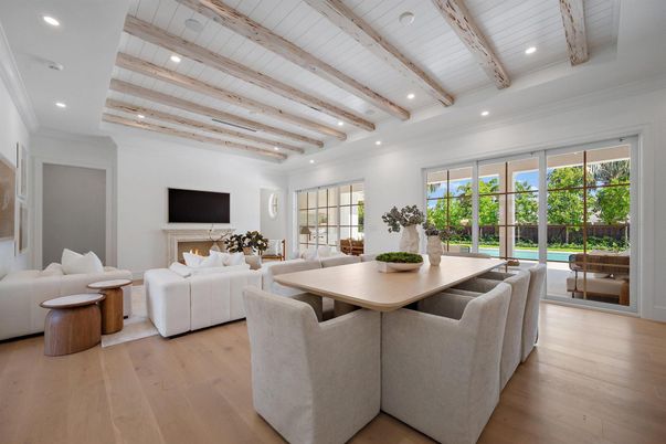 Dining room, Fireplace, Interior, Living room, Recessed Lighting, Wooden Beams, Wood Texture Flooring