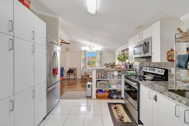 Chandelier, Interior, Kitchen, Stainless Steel Appliances, Wood Texture Flooring