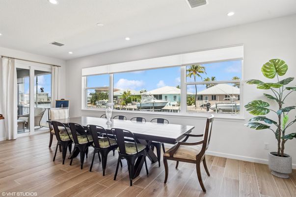 Dining room, Interior, Recessed Lighting, Wood Texture Flooring