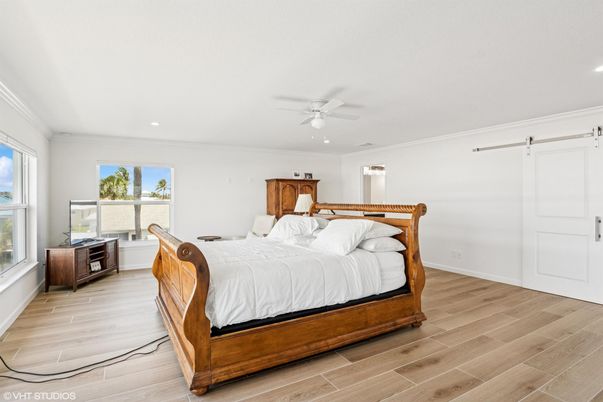 Bedroom, Interior, Recessed Lighting, Wood Texture Flooring
