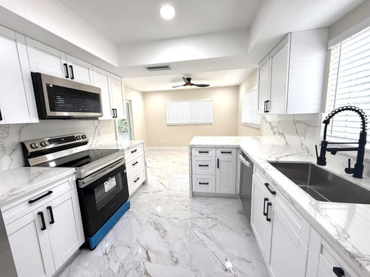 Interior, Kitchen, Marble, Recessed Lighting, Stainless Steel Appliances