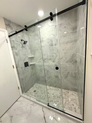 Bathroom, Glass Shower, Interior, Marble, Marble Walls, Recessed Lighting