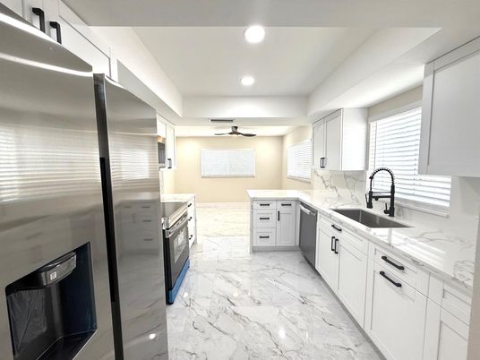Interior, Kitchen, Marble, Recessed Lighting, Stainless Steel Appliances