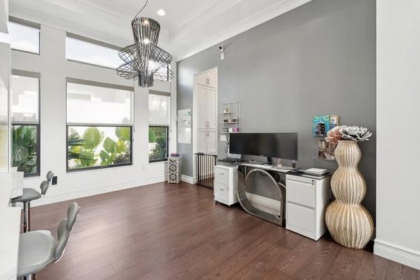 Home Office, Interior, Pendant Lights, Recessed Lighting, Wood Texture Flooring