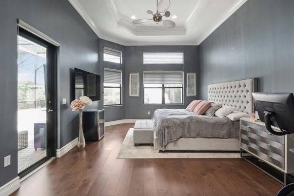 Bedroom, Interior, Pendant Lights, Recessed Lighting, Wood Texture Flooring