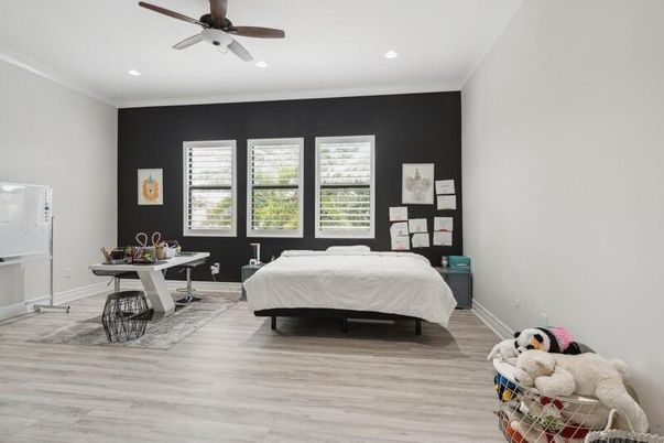 Bedroom, Interior, Recessed Lighting, Wood Texture Flooring