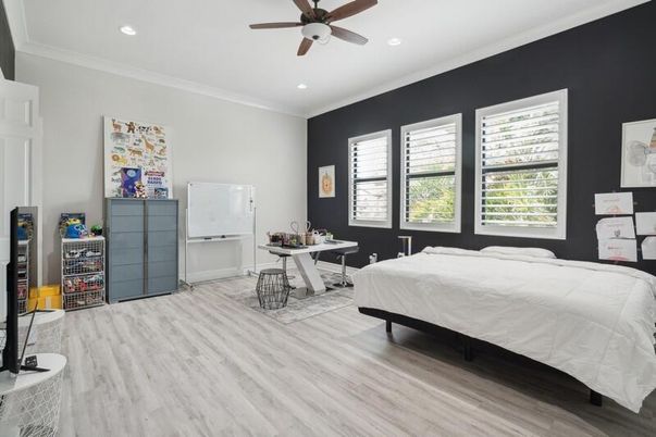 Bedroom, Home Office, Interior, Recessed Lighting, Wood Texture Flooring