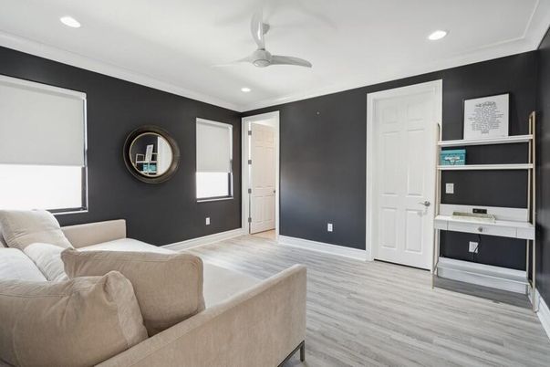 Home Office, Interior, Living room, Recessed Lighting, Wood Texture Flooring