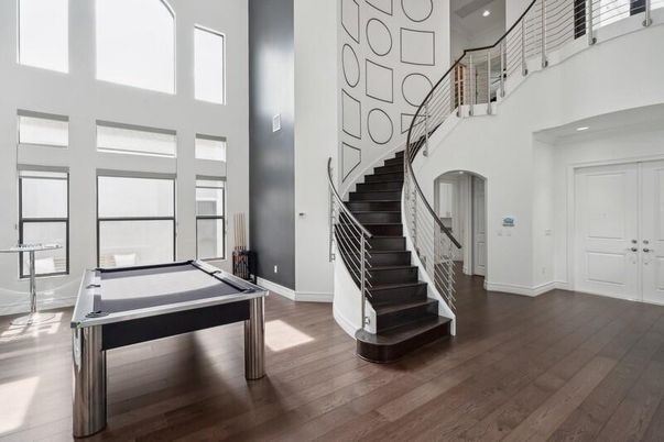 Billiard Table, Game Room, Interior, Recessed Lighting, Wood Texture Flooring