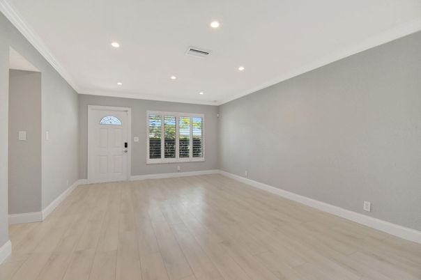 Empty room, Interior, Recessed Lighting, Wood Texture Flooring