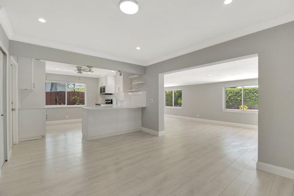 Empty room, Interior, Kitchen, Recessed Lighting, Wood Texture Flooring