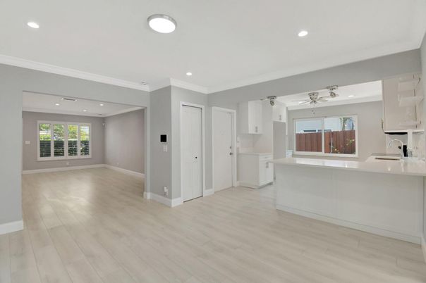 Empty room, Interior, Kitchen, Recessed Lighting, Wood Texture Flooring