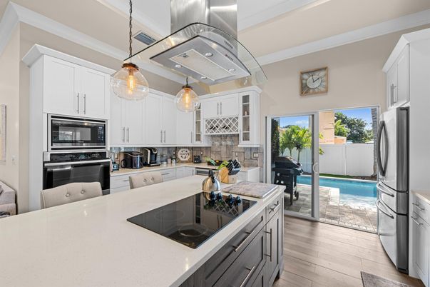 Interior, Kitchen, Pendant Lights, Stainless Steel Appliances, Wood Texture Flooring