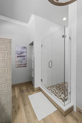 Bathroom, Glass Shower, Interior, Recessed Lighting, Wood Texture Flooring
