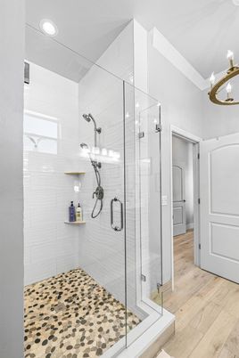Bathroom, Glass Shower, Interior, Recessed Lighting, Wood Texture Flooring