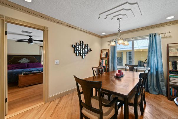 Bedroom, Dining room, Interior, Pendant Lights, Recessed Lighting, Wood Texture Flooring