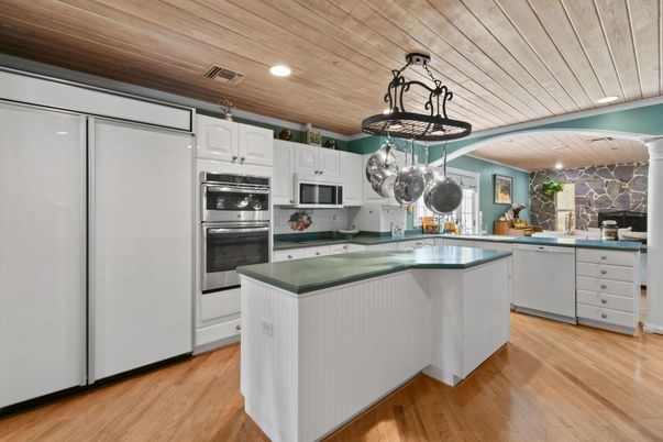 Interior, Kitchen, Pendant Lights, Recessed Lighting, Stainless Steel Appliances, Wooden Ceilings, Wood Texture Flooring