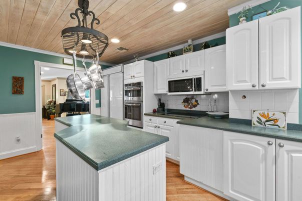 Interior, Kitchen, Recessed Lighting, Stainless Steel Appliances, Wooden Ceilings, Wood Texture Flooring