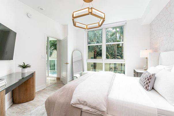 Bedroom, Interior, Pendant Lights, Wood Texture Flooring