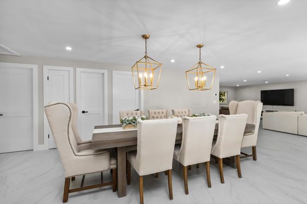 Dining room, Interior, Living room, Marble, Pendant Lights, Recessed Lighting