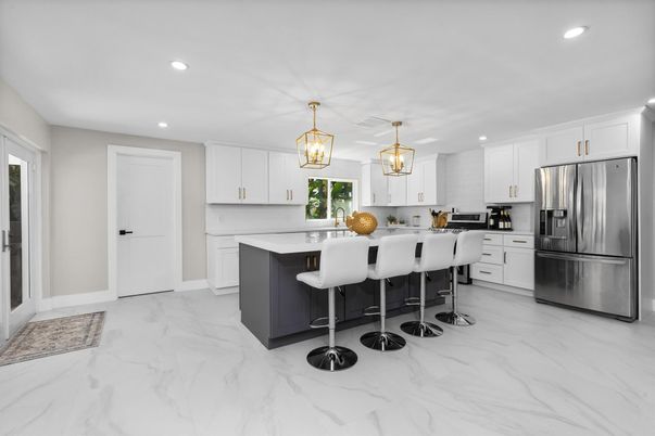 Interior, Kitchen, Marble, Pendant Lights, Recessed Lighting, Stainless Steel Appliances
