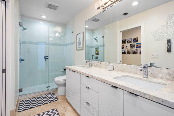 Bathroom, Dual Sink Vanities, Glass Shower, Interior, Recessed Lighting