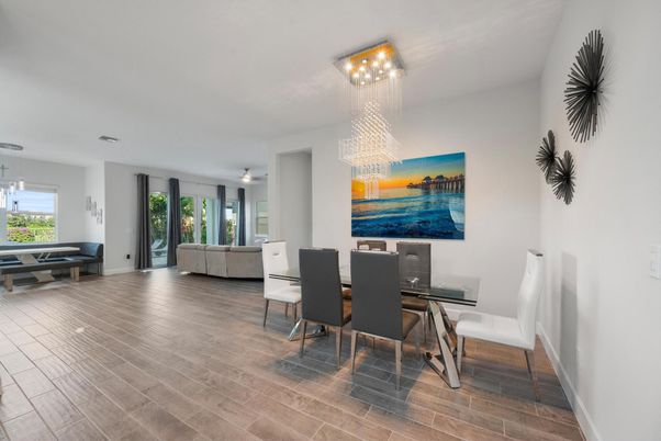 Chandelier, Dining room, Interior, Pendant Lights, Wood Texture Flooring