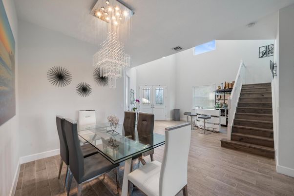 Chandelier, Dining room, Interior, Wood Texture Flooring
