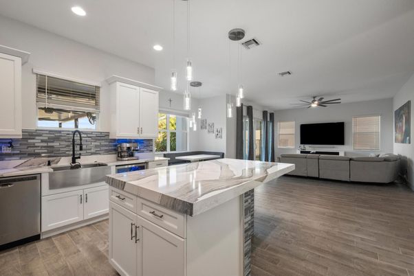 Interior, Kitchen, Living room, Pendant Lights, Recessed Lighting, Stainless Steel Appliances, Wood Texture Flooring