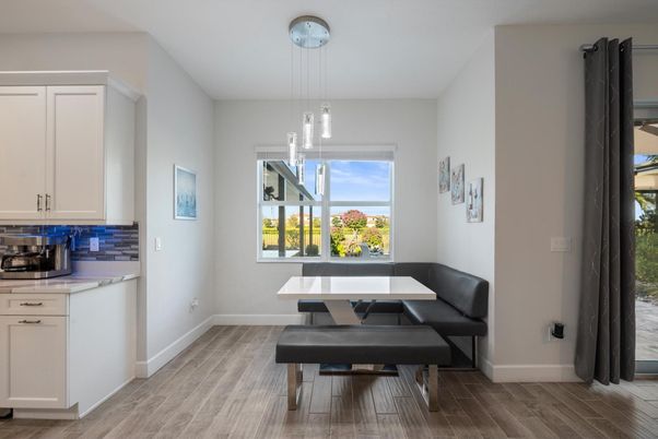 Dining room, Interior, Pendant Lights, Wood Texture Flooring