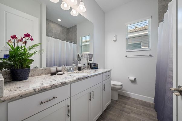 Bathroom, Dual Sink Vanities, Interior, Recessed Lighting, Wood Texture Flooring