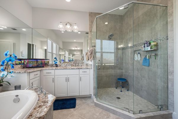 Bathroom, Dual Sink Vanities, Glass Shower, Interior, Recessed Lighting
