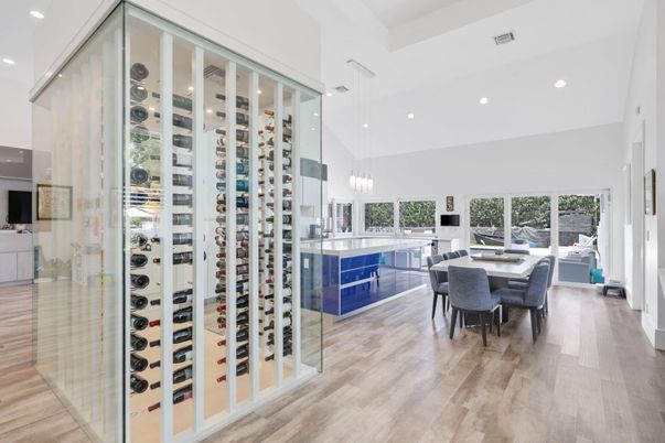 Dining room, Interior, Pendant Lights, Recessed Lighting, Wine Storage, Wood Texture Flooring