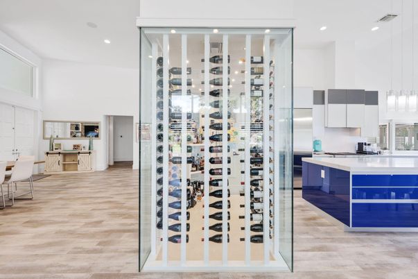 Interior, Kitchen, Pendant Lights, Recessed Lighting, Stainless Steel Appliances, Wine Storage, Wood Texture Flooring