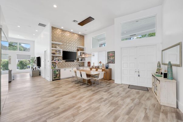 Dining room, Interior, Pendant Lights, Recessed Lighting, Wood Texture Flooring